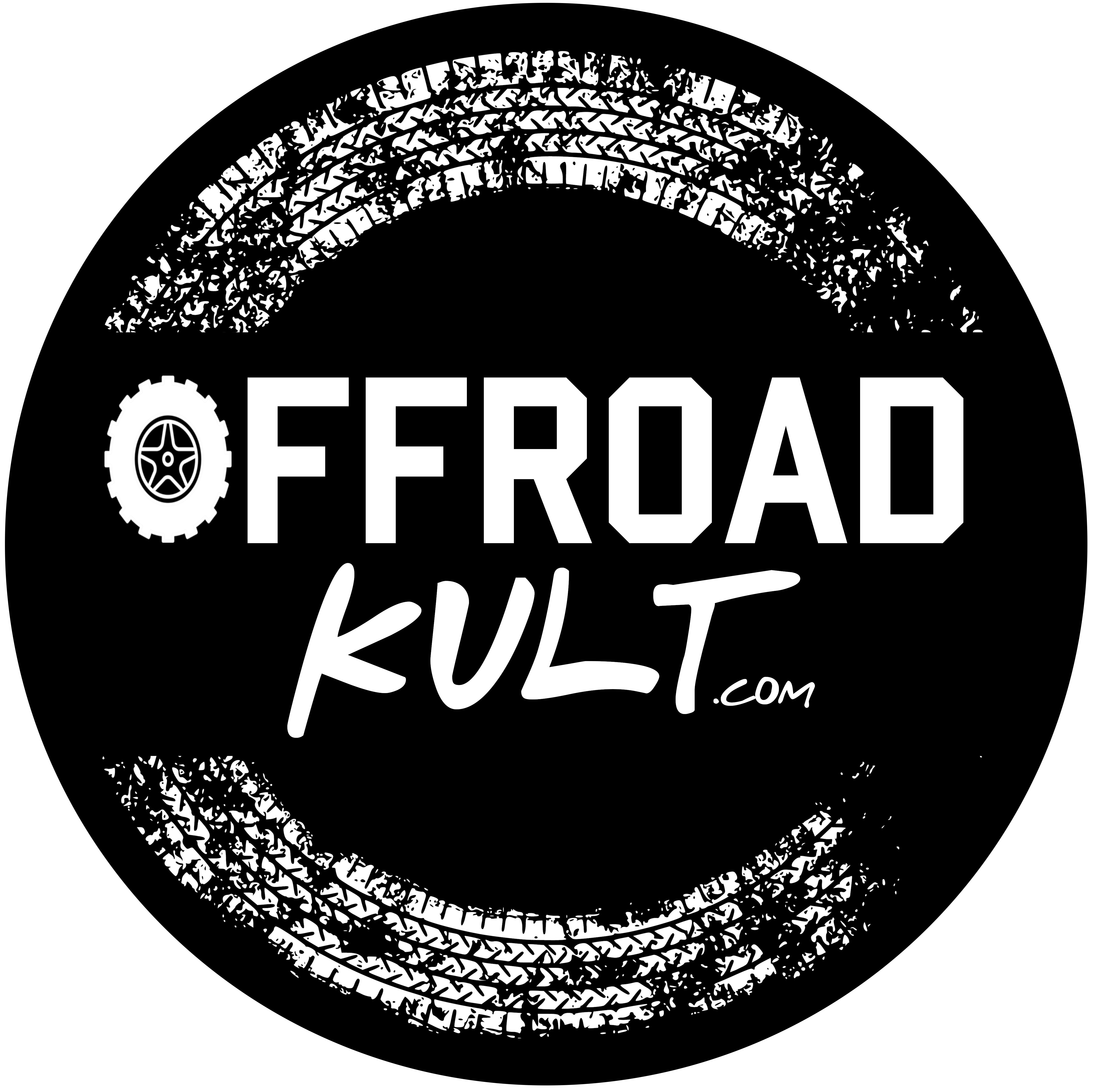offroadkult logo - black circle with tiremarks and the word offroadkult in it